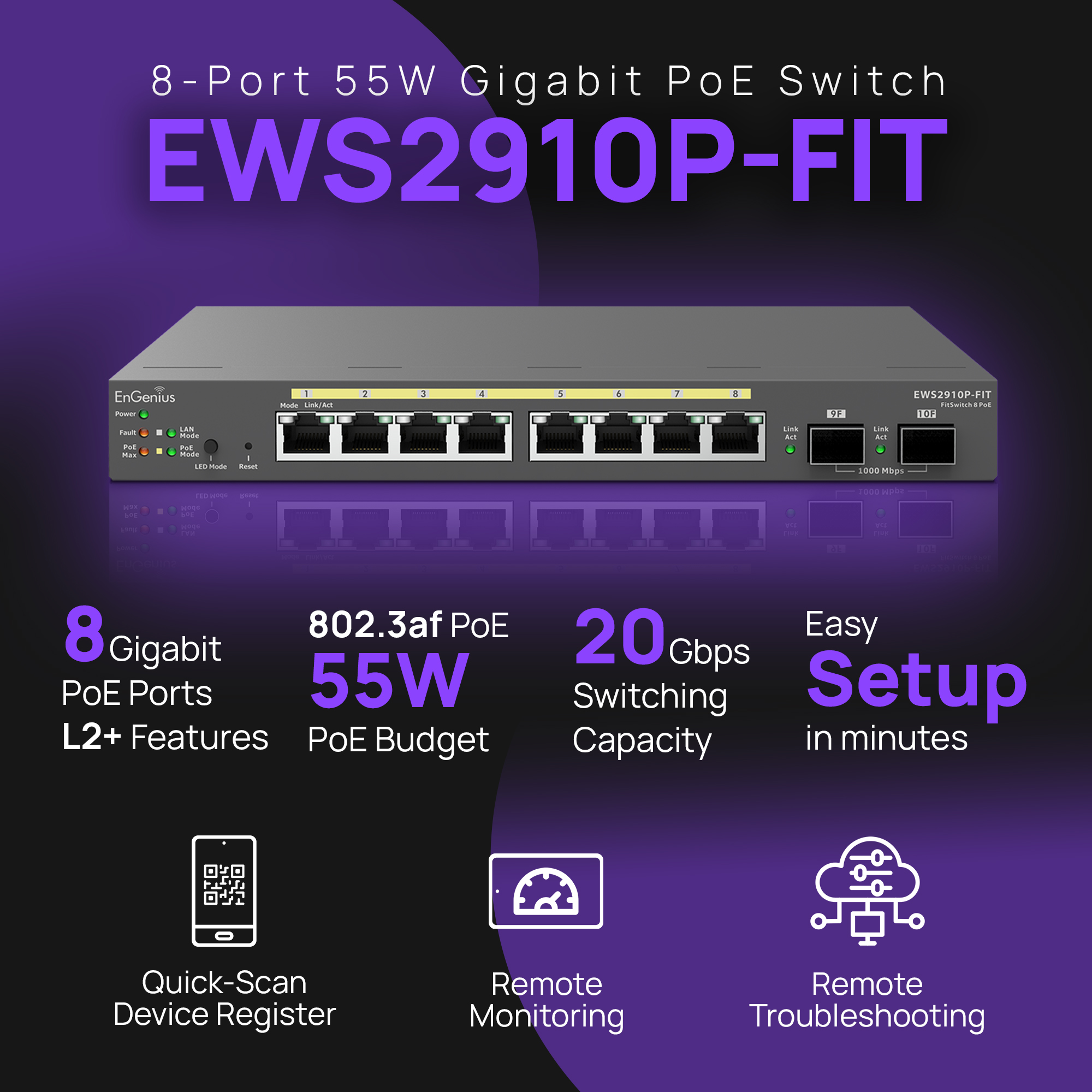 EnGenius EWS2910P-FIT PoE+ Switch 8 x 10/100/1000 Port, 2 x SFP Fiber Port, L2+, 8-Port PoE+, 55W, Desktop